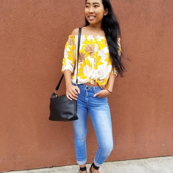 Fighting Eel Ava Sky Top Oceana Cream Palawan Sunflower Blouse Off-Shoulder XS - Picture 3 of 14